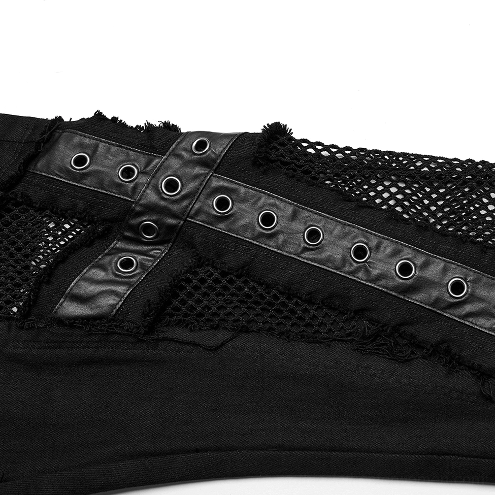 Black gothic jeans waistband detail with round metal rivets and frayed edges