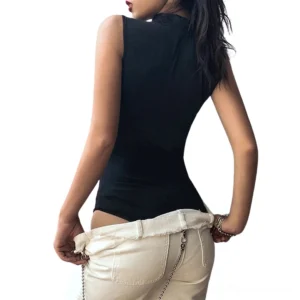 Black sleeveless jumpsuit back view showing high mock neck and slim fit design