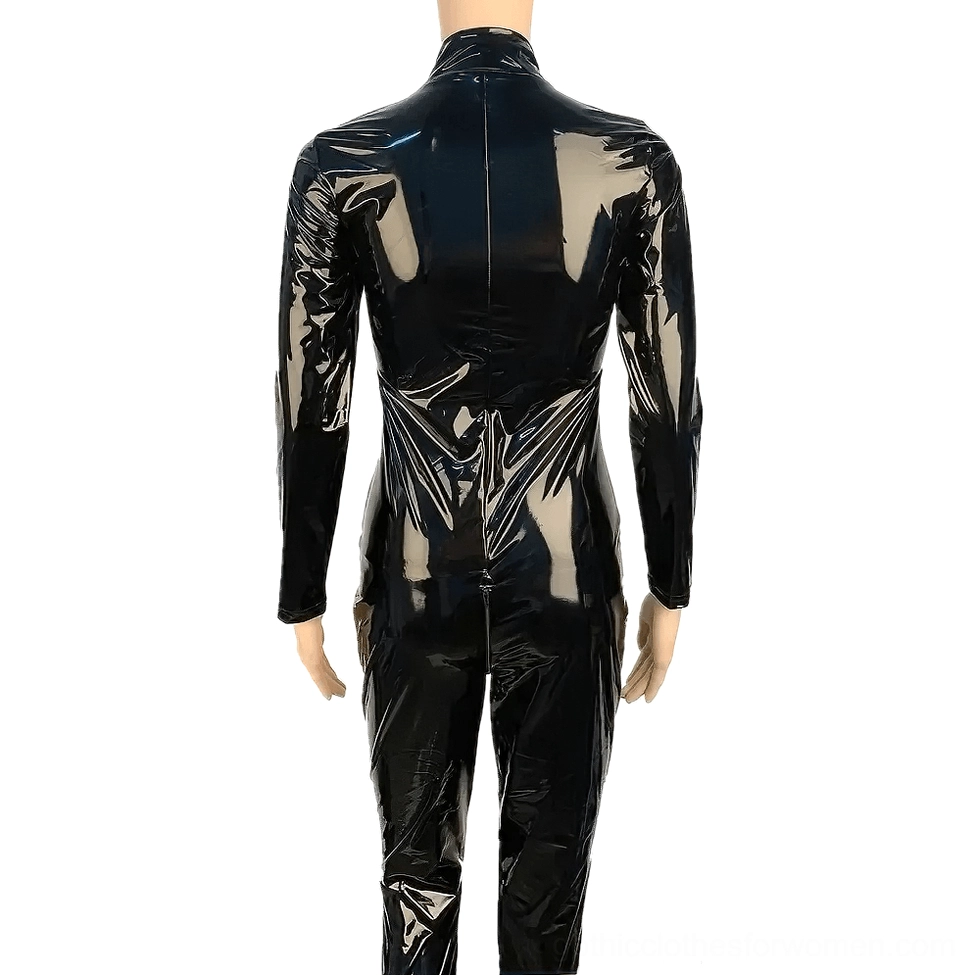 Black shiny PU leather gothic jumpsuit back view on mannequin, rear zipper detail silhouette