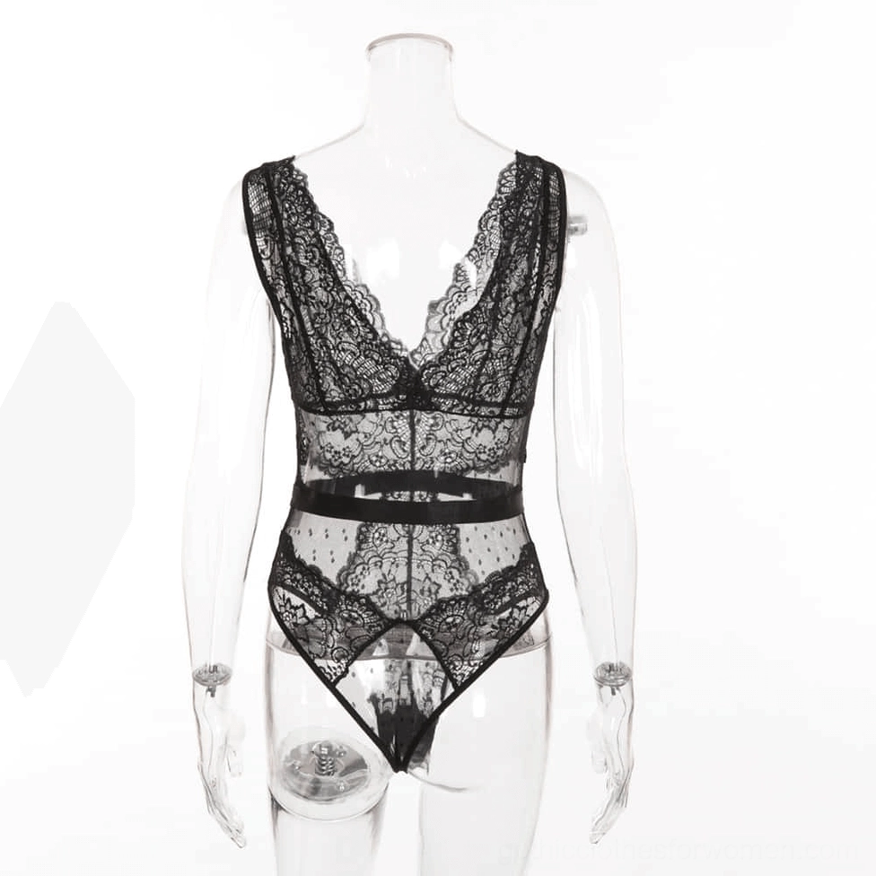 Black lace gothic jumpsuit on clear mannequin, front view highlighting high-cut leg line and satin waist detail