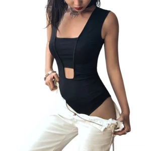 Black gothic hollow-out sleeveless jumpsuit with mock choker neck on model, front three-quarter view