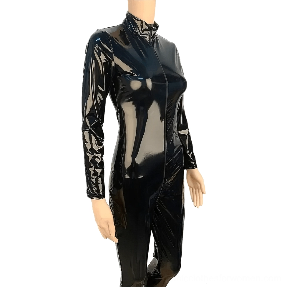 Black PU leather gothic jumpsuit three-quarter front view on headless mannequin, structural details