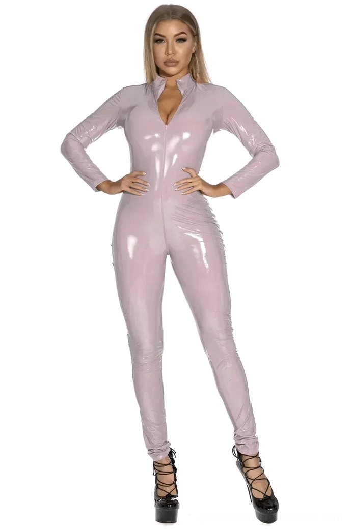 Black PU leather gothic jumpsuit hip and waist fit detail bodycon silhouette form fitting