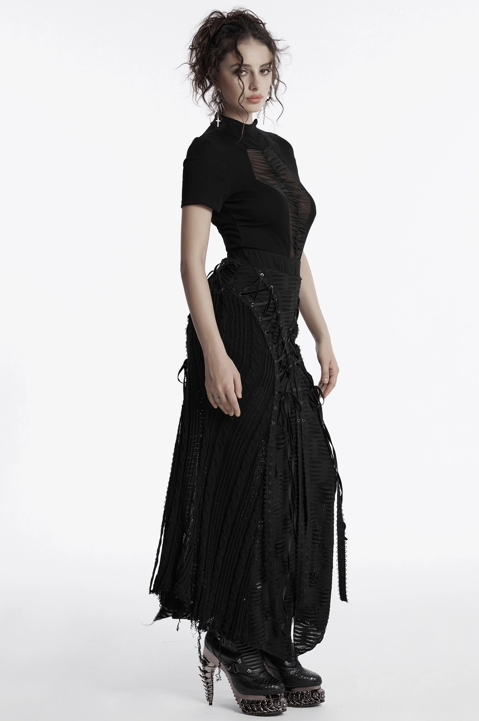Black gothic lace-up knit maxi skirt showing full length silhouette and frayed hem details