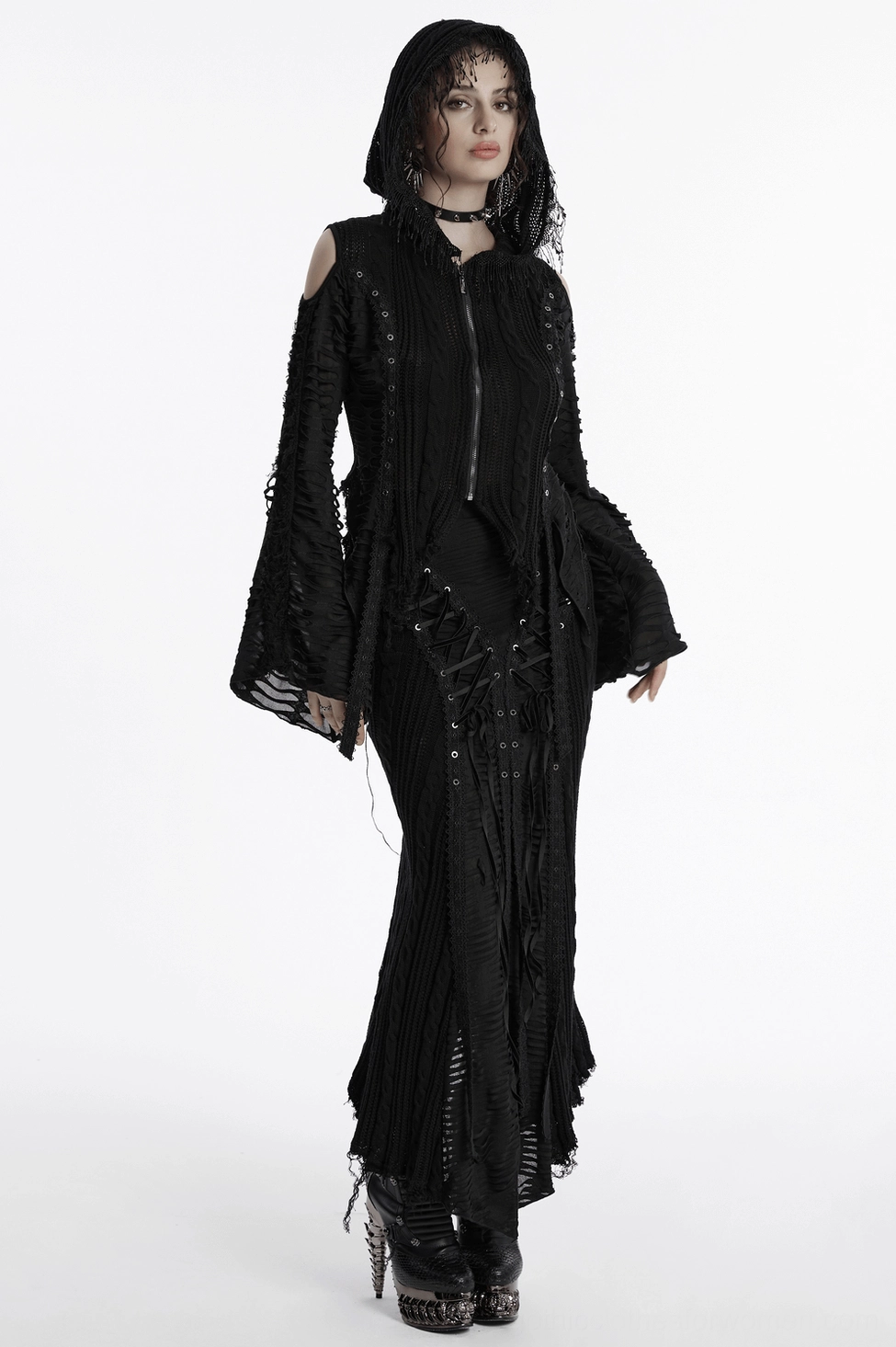 Black distressed gothic knit maxi skirt with lace-up front and asymmetric frayed details showcase