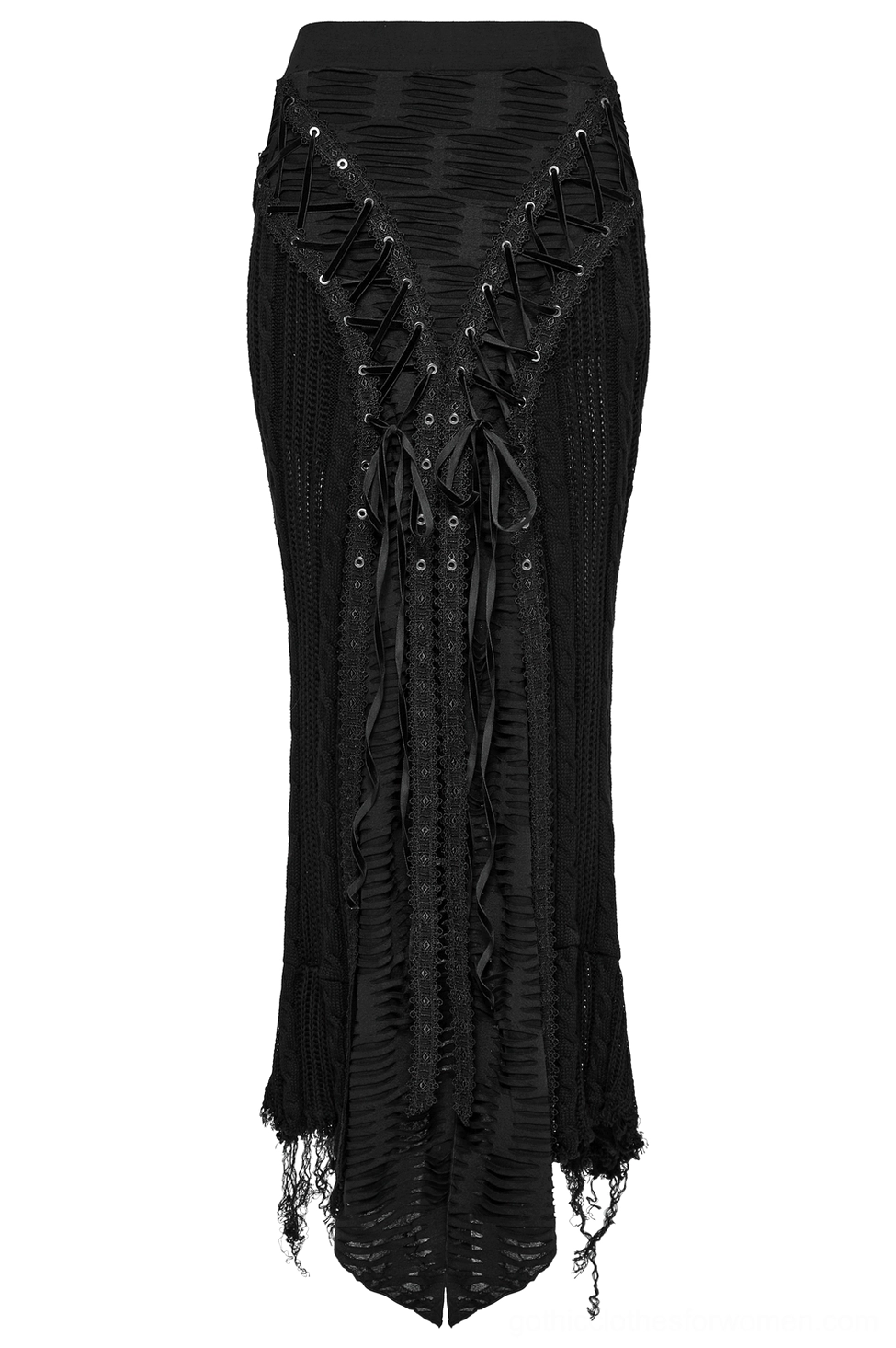 Black gothic lace-up knit maxi skirt front flat lay with metal eyelets and asymmetric distressed hem detail