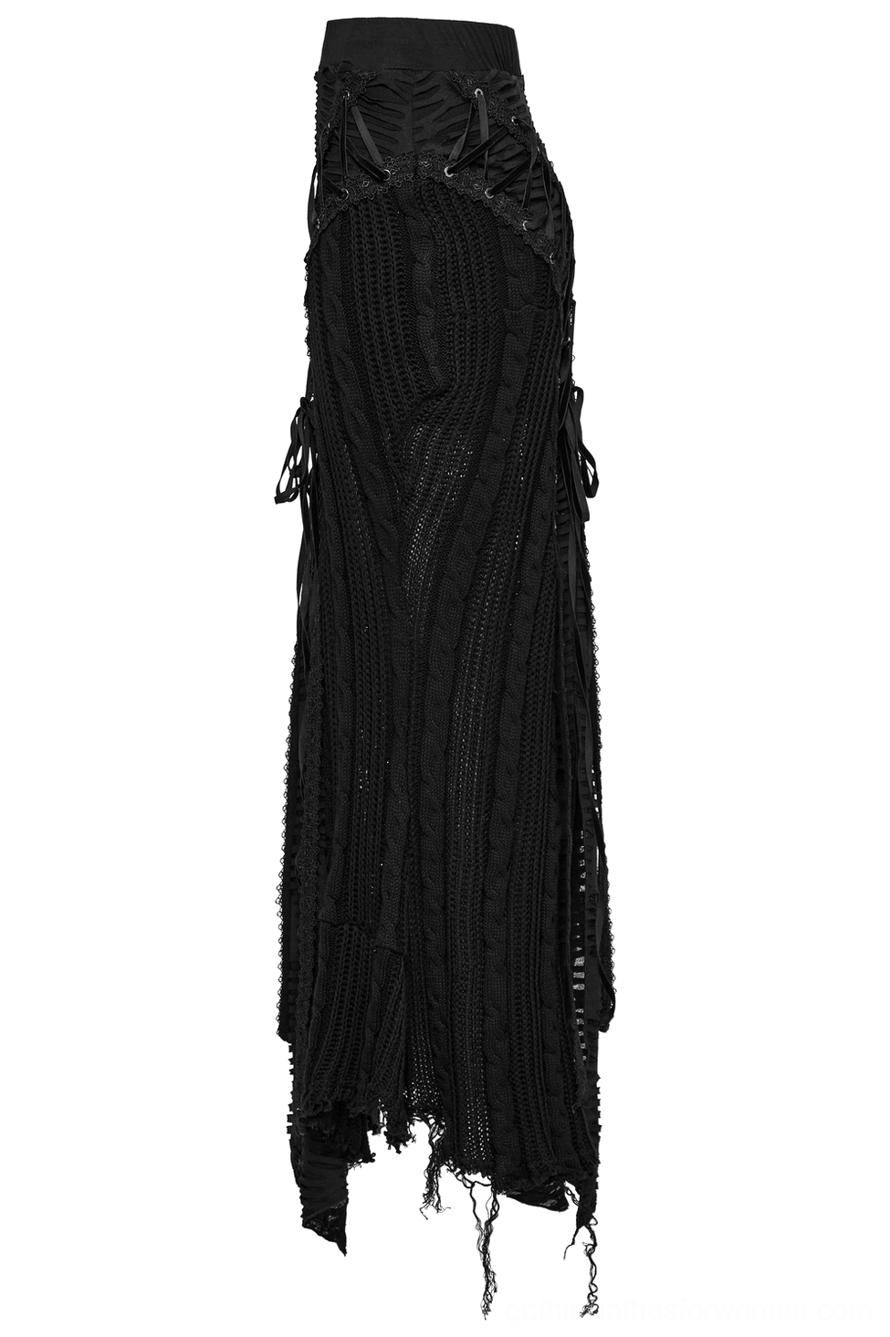 Black gothic distressed knit maxi skirt side rear angle showing frayed hem and distressed panel construction