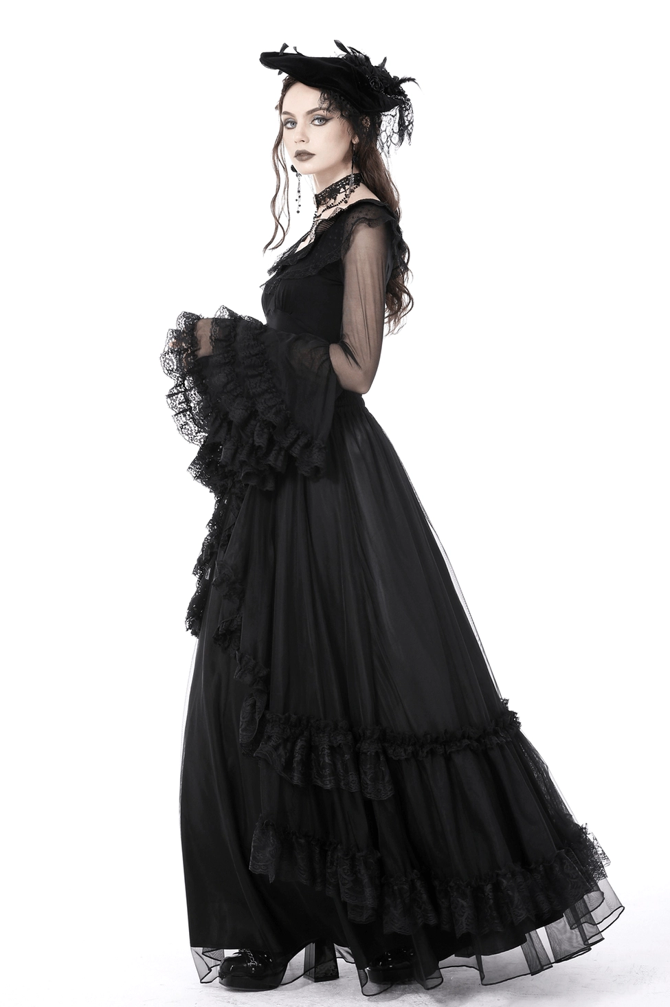 Complete look of black lace gothic bell sleeve top for alternative fashion enthusiasts