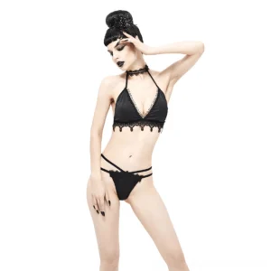 Black gothic lace bikini with choker front view on model - halter triangle top with lace trim appliqué