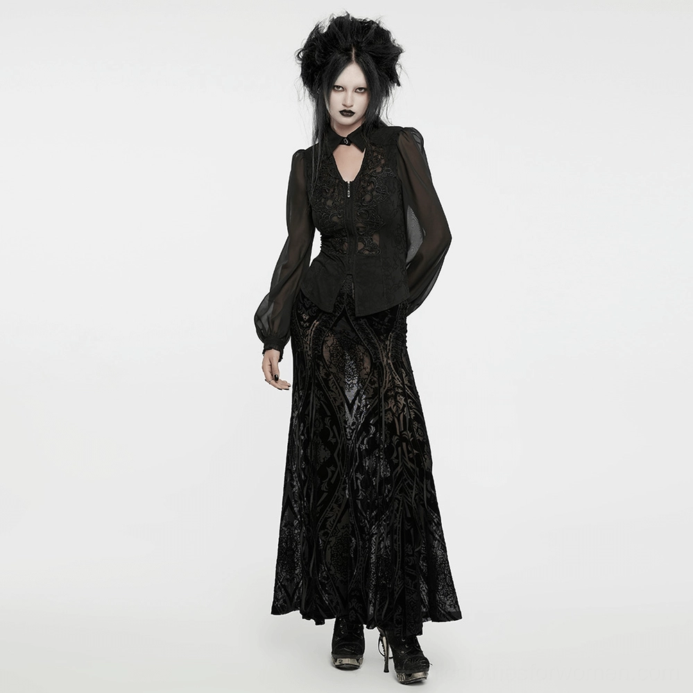 Black gothic lace blouse alternative angle view displaying silhouette, sleeve flow, and overall proportions for styling reference