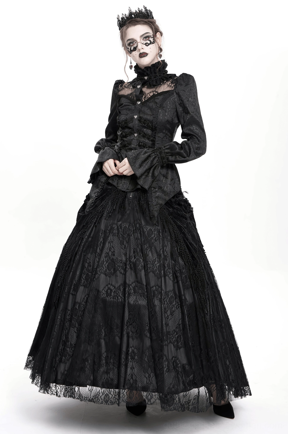 Black gothic lace blouse back view, corset lacing detail, long sleeve construction