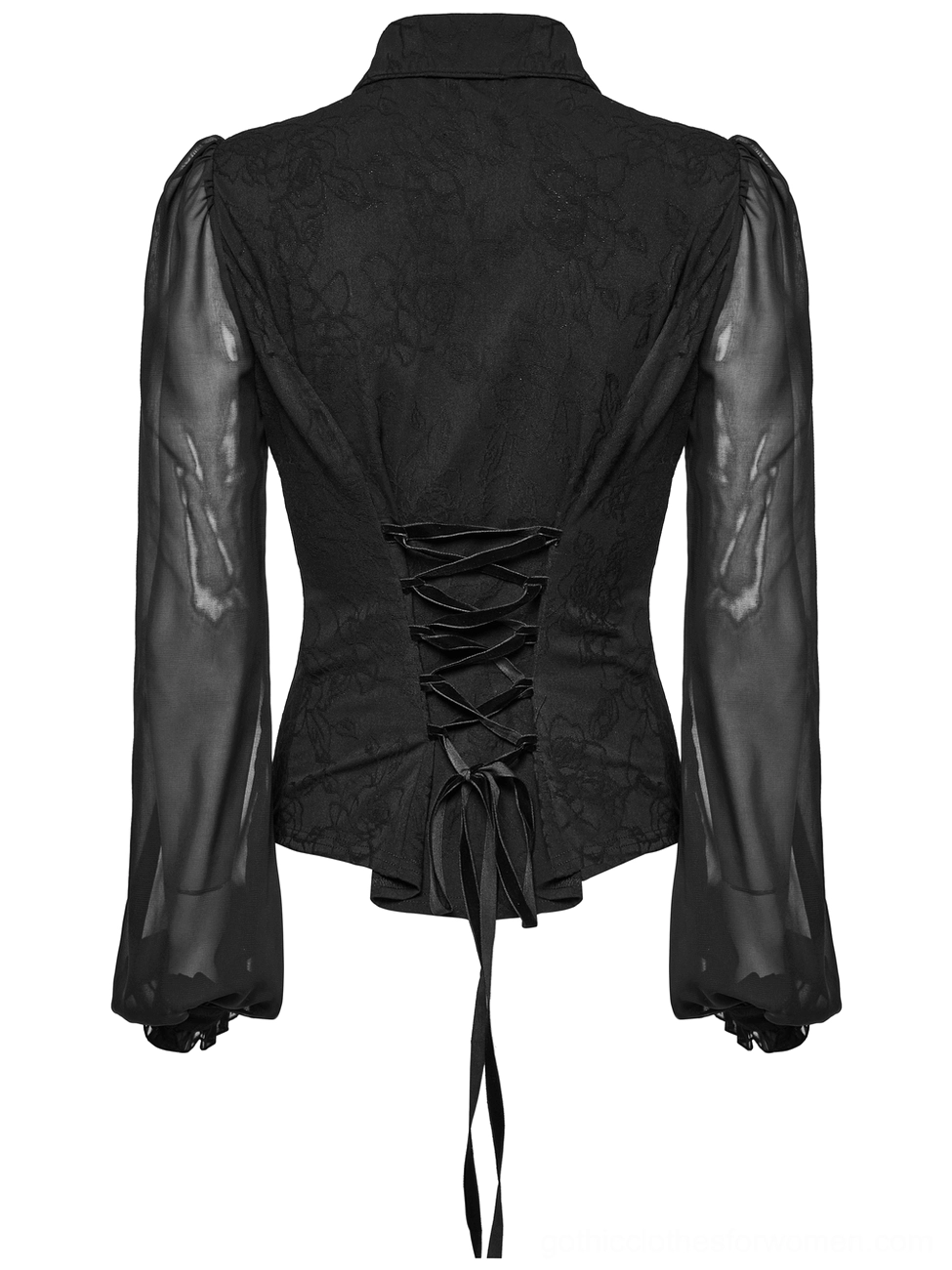Black gothic blouse back flat lay showing lace-up corset-style closure with velvet ribbon, drawstring adjustment, and jacquard fabric texture