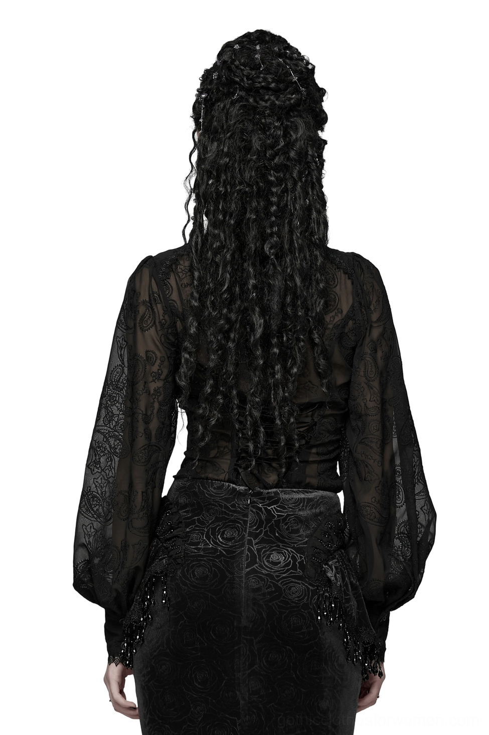 Black gothic lace blouse rear view - adjustable lace-up corset back with sheer sleeves