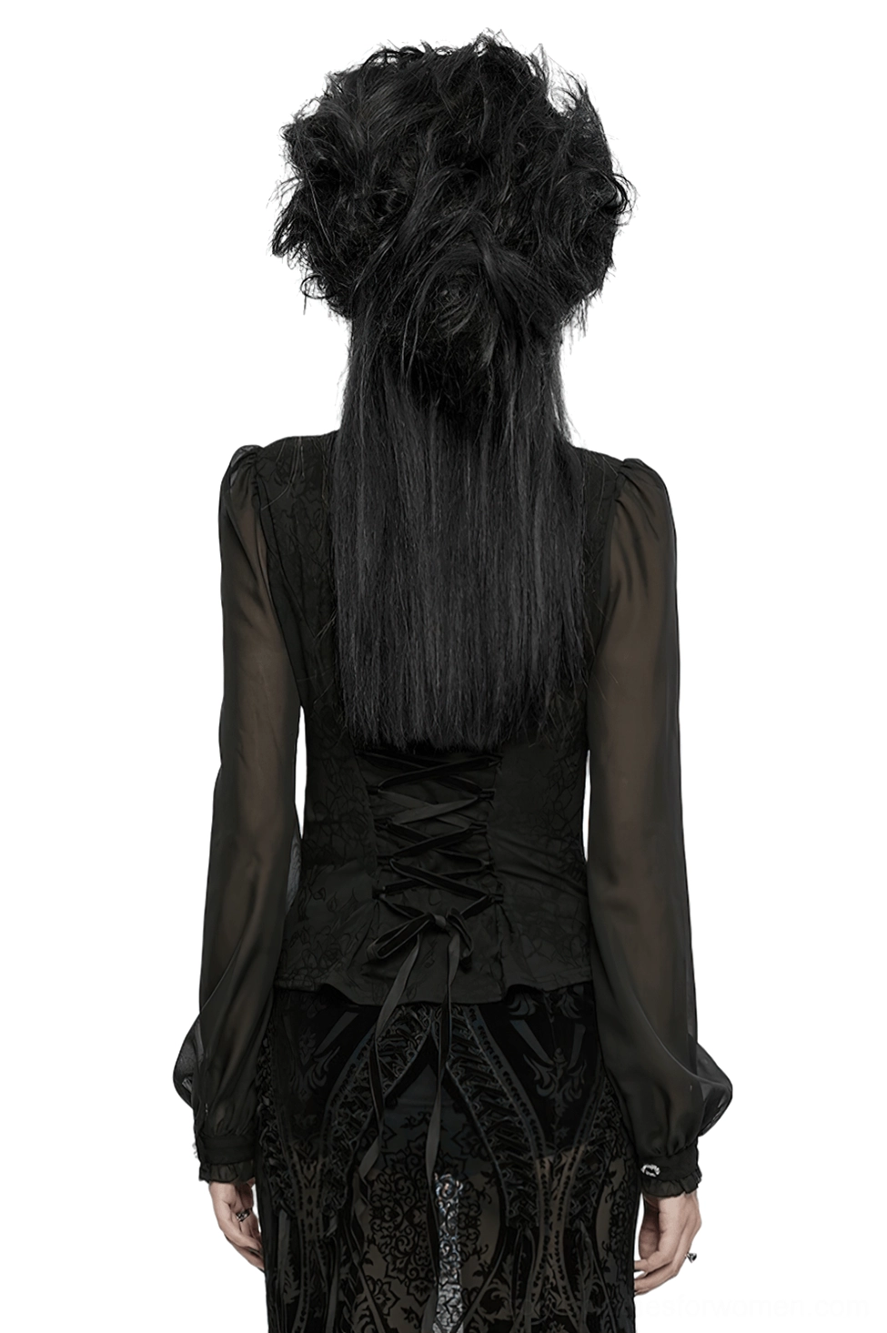 Black gothic blouse back view showing adjustable corset-style lace-up design with drawstring waist and flowing chiffon sleeves