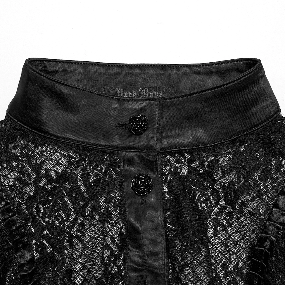 Close-up detail of black rose lace blouse satin stand collar with rose-shaped buttons and brand label