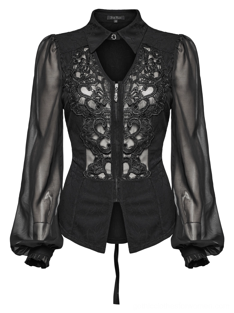 Black gothic blouse flat lay front view detail showing floral lace applique panel, metal zipper closure, and sheer chiffon sleeve construction