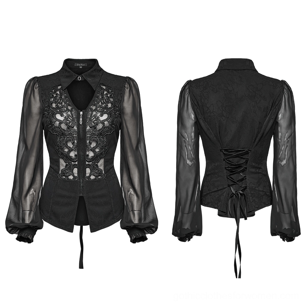 Black gothic lace blouse flat lay front and back product shot showing structural design, lace applique panel, and lace-up back closure