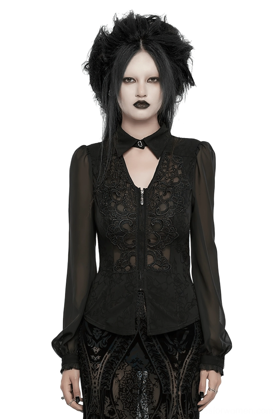 Black gothic lace applique blouse with sheer chiffon sleeves, front view featuring floral lace panel and metal zipper closure with gothic pendant