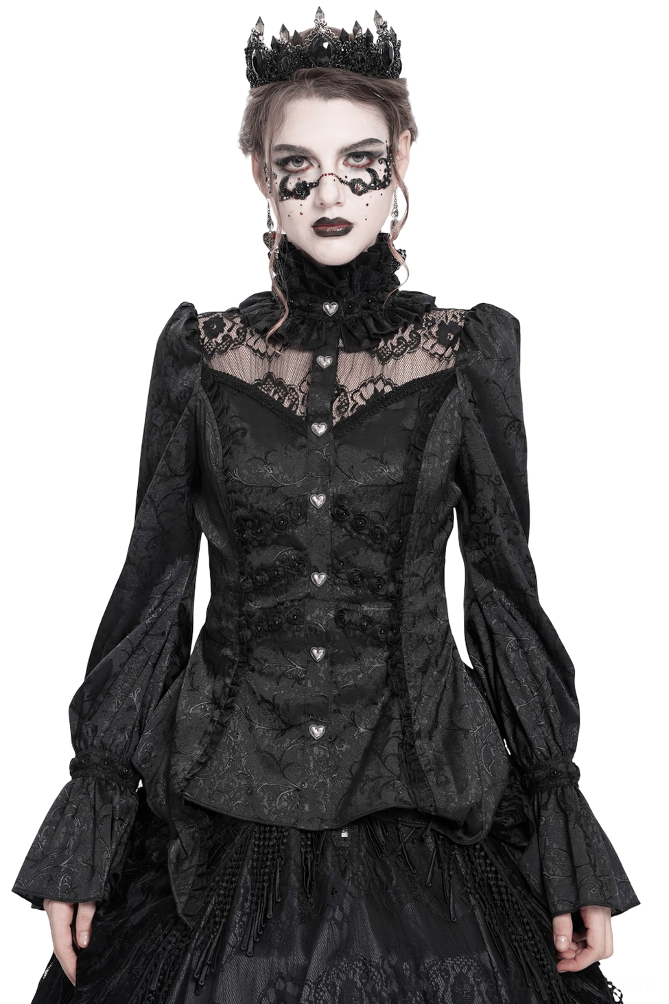 Black gothic lace high neck blouse with heart buttons, front full view on model wearing crown, ruffled collar and bell sleeves