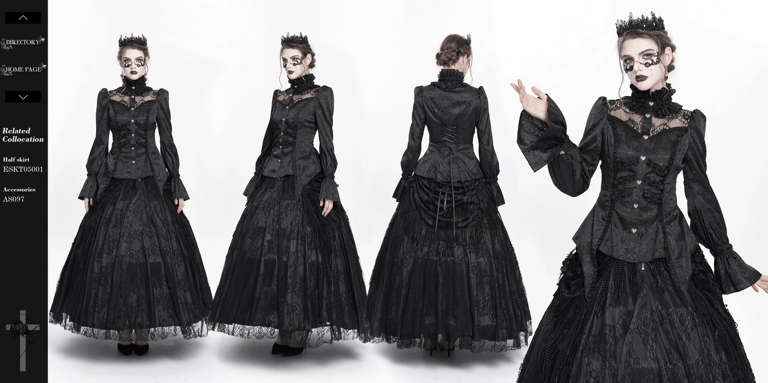 Black gothic lace blouse mannequin display, three-quarter view, structured silhouette, decorative details