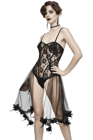 Black transparent lace bodysuit with feather trim skirt, front three-quarter view on model showing adjustable shoulder straps and rose-embroidered lace panels