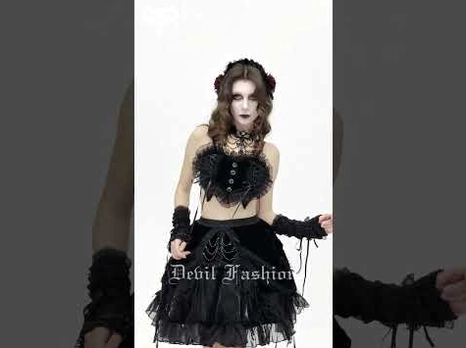 Full body front view of black gothic lingerie crop top styled on model with alternative goth aesthetic