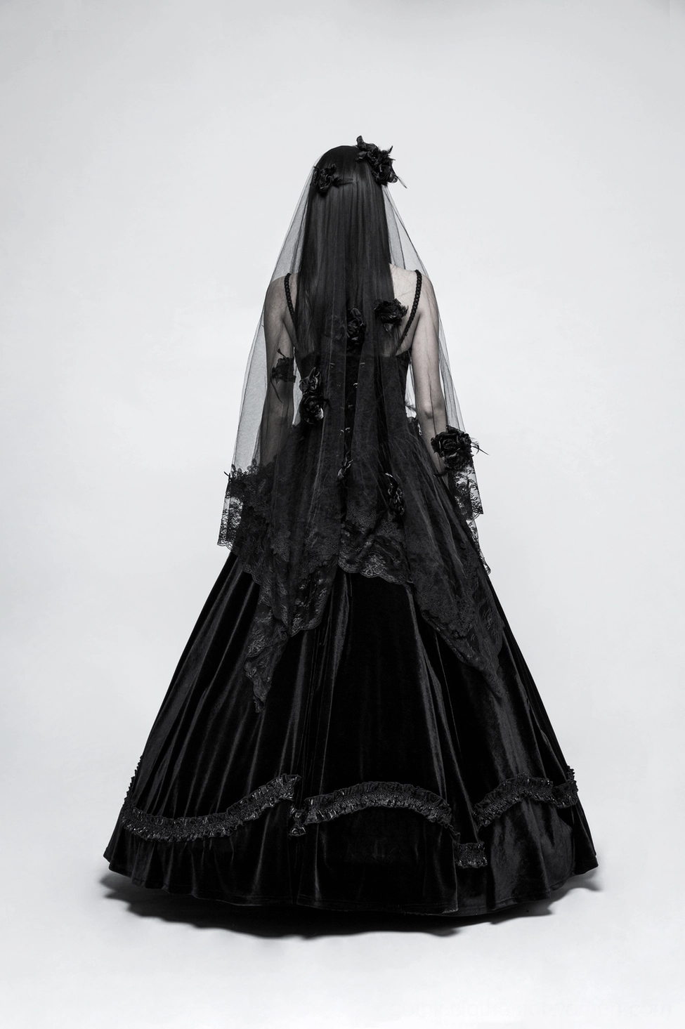 Black gothic lace bridal veil product image featuring 3D roses and alternative wedding aesthetic