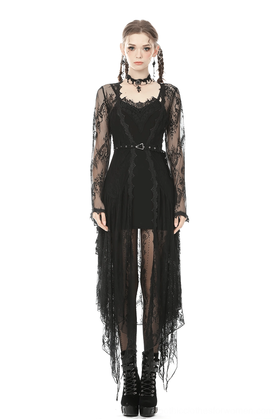 Model wearing black lace gothic cape with dramatic bell sleeves - styling inspiration