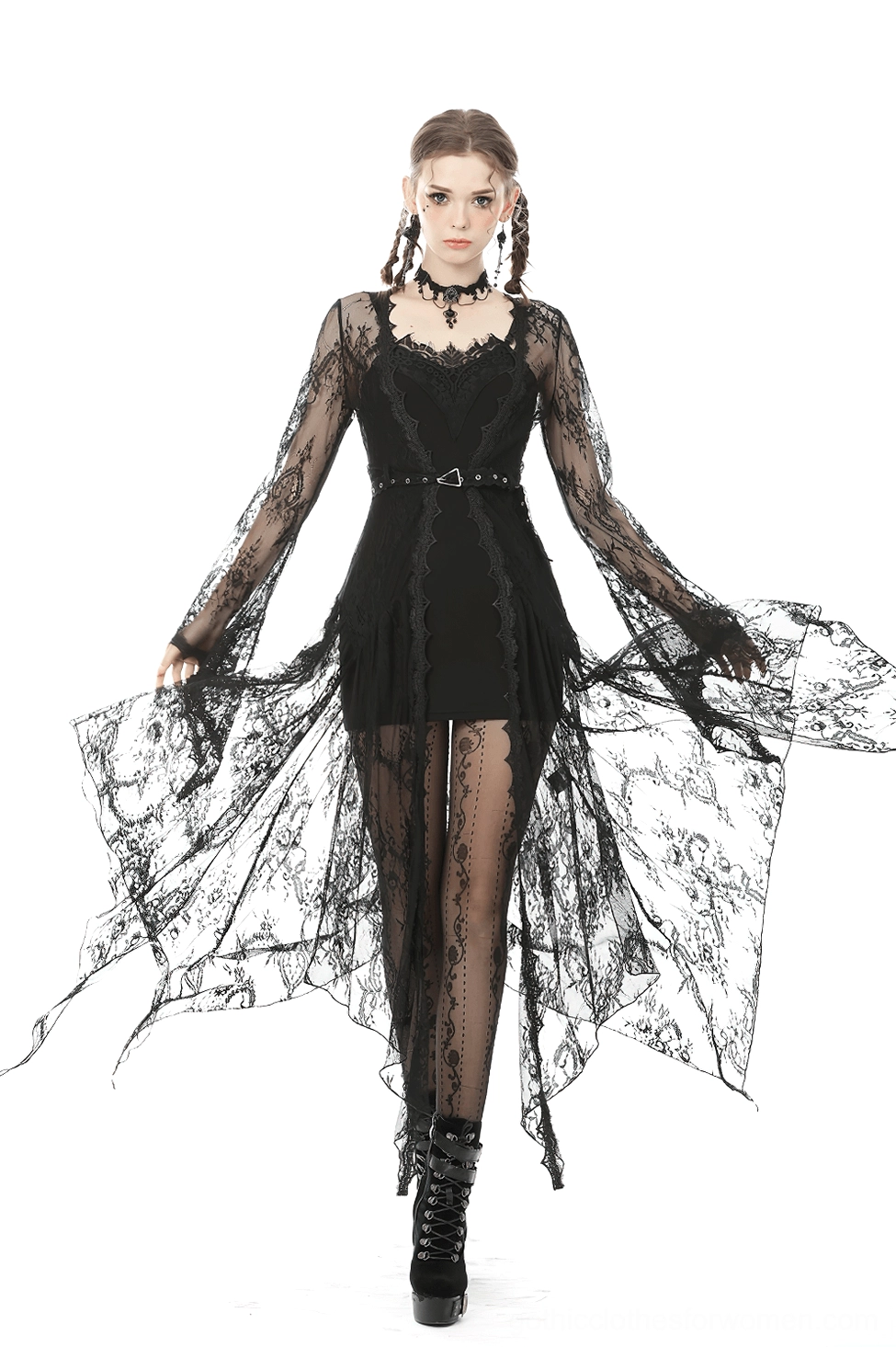 Complete black lace gothic cape layered styling - full ensemble view
