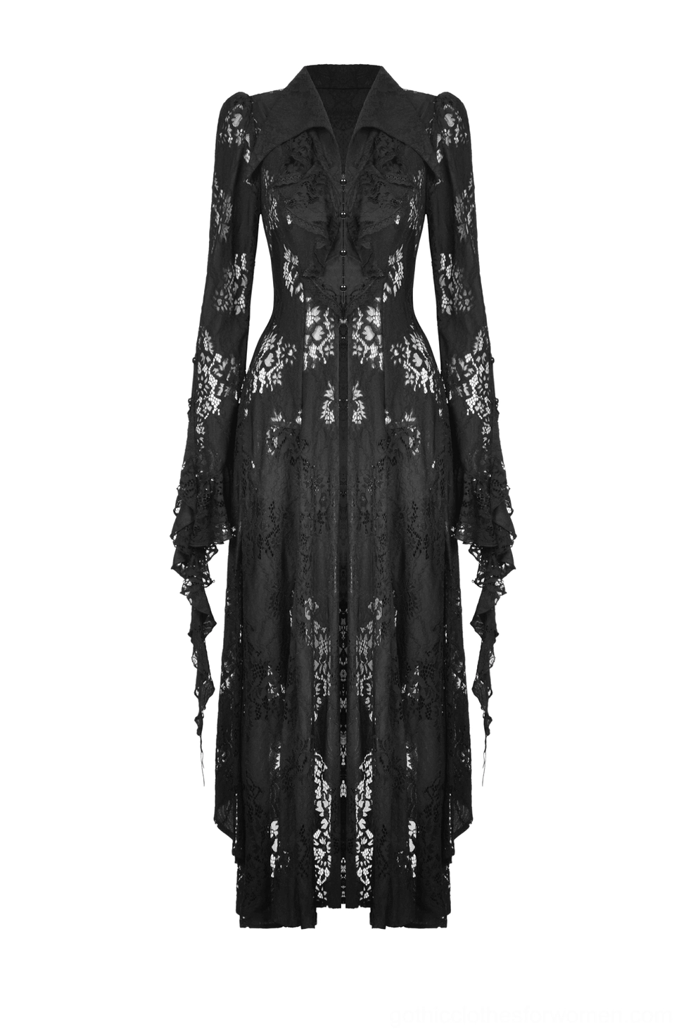 Black lace gothic cape front full body flat lay with floral lace texture and collar