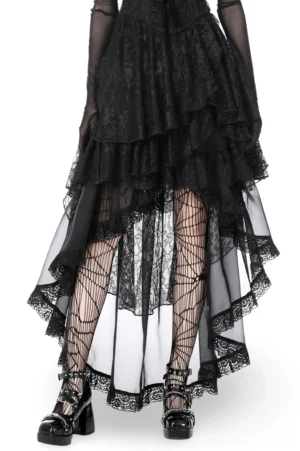 Black gothic lace high-low chiffon skirt front view showing layered ruffle lace trim and asymmetrical hemline on female model