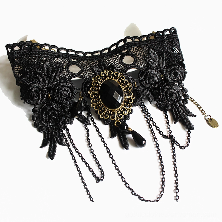 Gothic lace choker jewelry flat lay display, top-down view showing complete necklace with clasp and tag without model