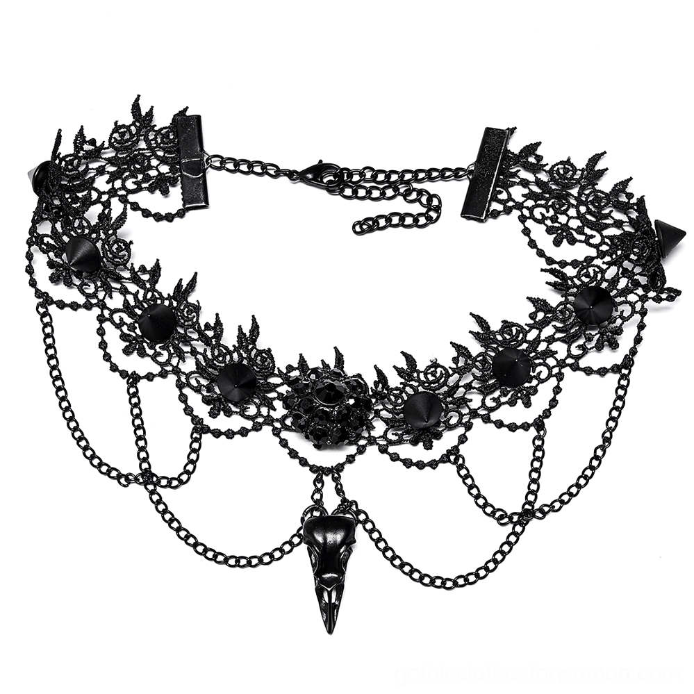 Flat lay top-down view of black lace gothic choker featuring ornate design and layered chain accents