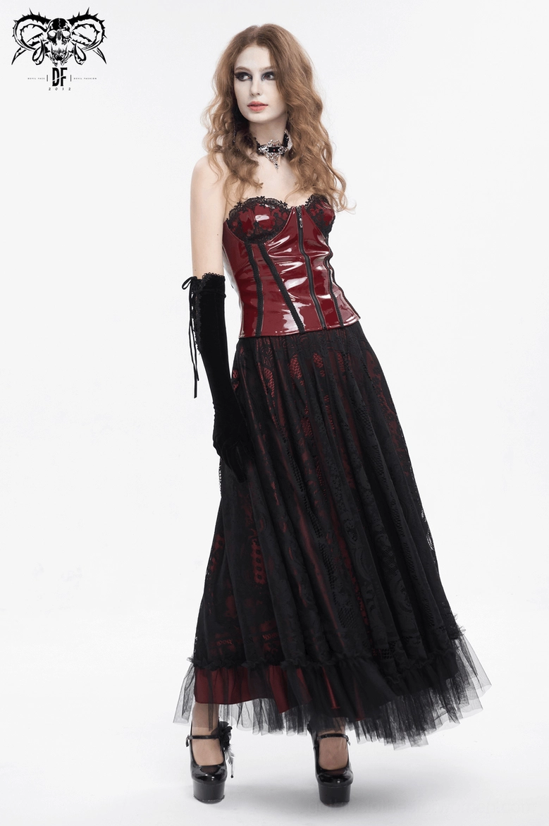 Full product showcase of black gothic lace choker with silver cross and ruby rhinestone accents, alternative fashion jewelry piece