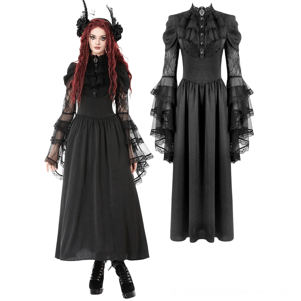 Black gothic lace bell-sleeve maxi dress display showing fitted bodice with ruffled high neck and long A-line lace skirt