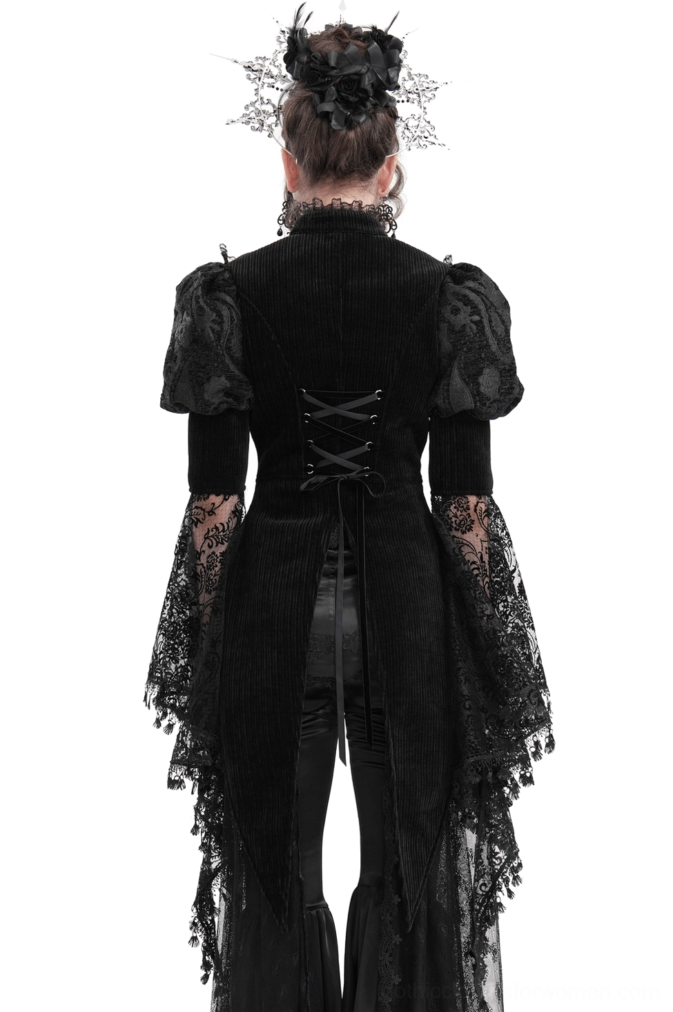 Black Victorian gothic lace blouse back view showing corset lace-up closure, velvet bodice, and asymmetrical train hem