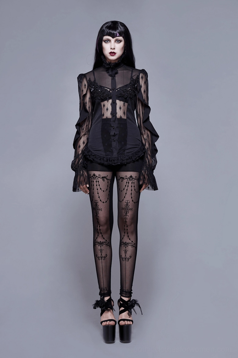 Black gothic corset lace blouse styled fashion shot showing overall silhouette with beaded lace elements and romantic aesthetic