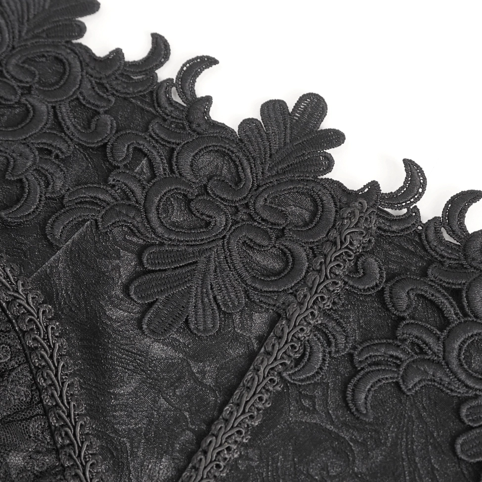 Black gothic lace corset waist cincher showcasing floral embroidery pattern and slim-fit underbust silhouette design