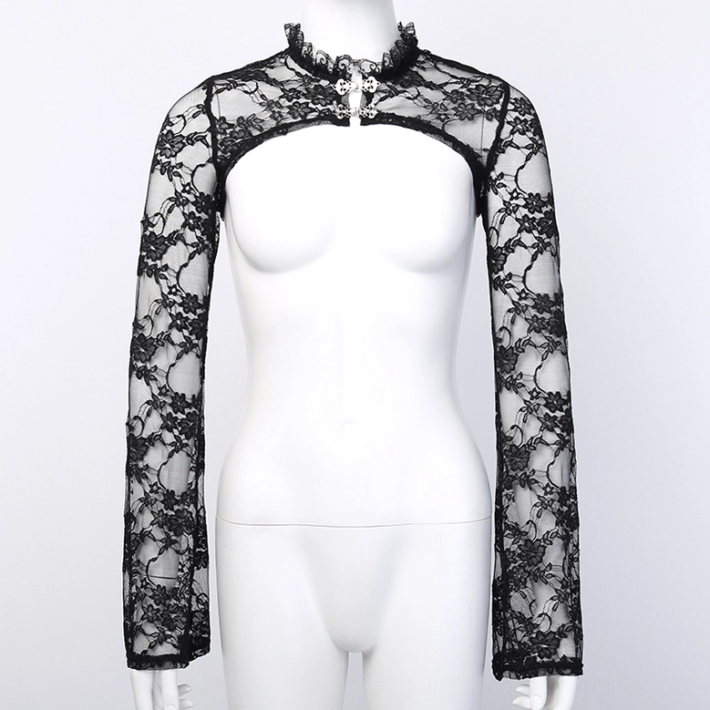 Black gothic lace crop top with long bell sleeves on mannequin, front slight side angle view