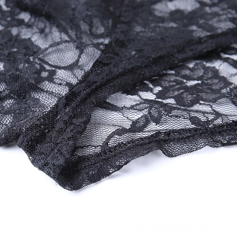 Black lace gothic crop top with ornate metal collar clasp and delicate floral embroidery pattern detail