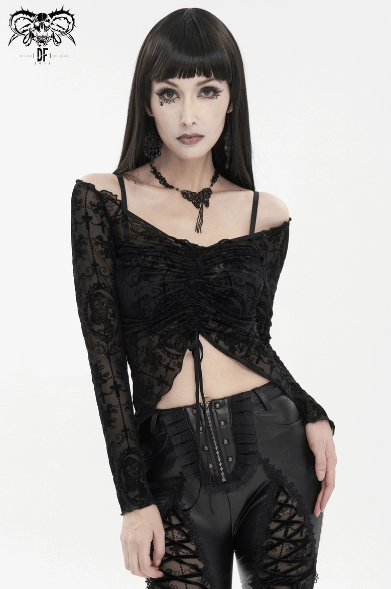 Gothic lace crop top front view on goth model, sheer floral lace pattern with front drawstring and cropped hem