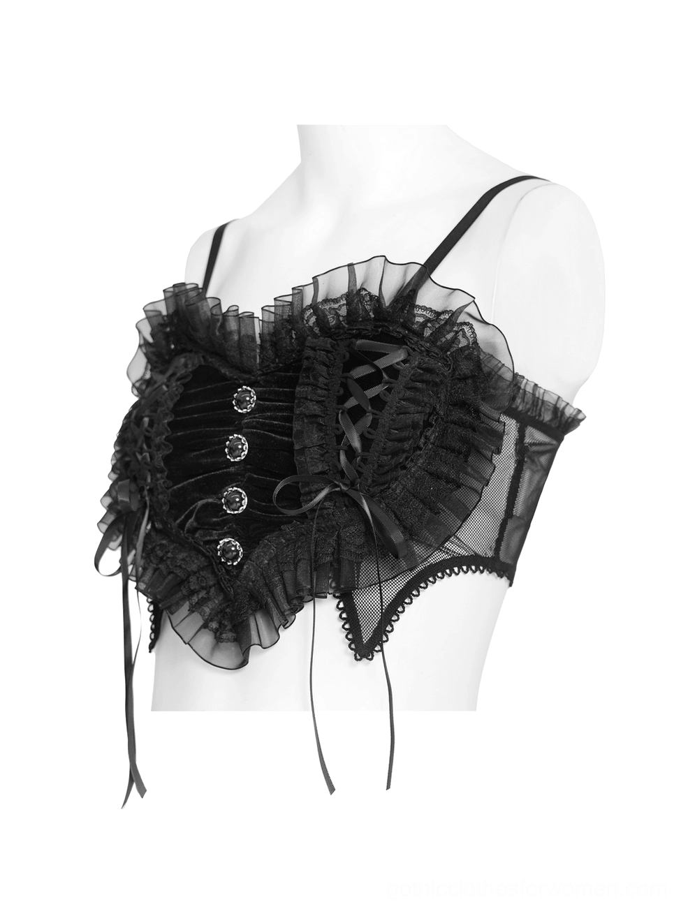 Black gothic lace crop top front view on mannequin showing heart-shaped design with lace-up side accents and metal buttons