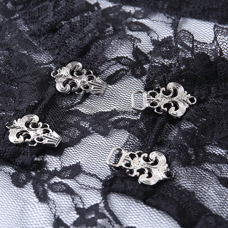 Black gothic lace crop top neckline detail with o-neck design and ornate metal fastening hardware