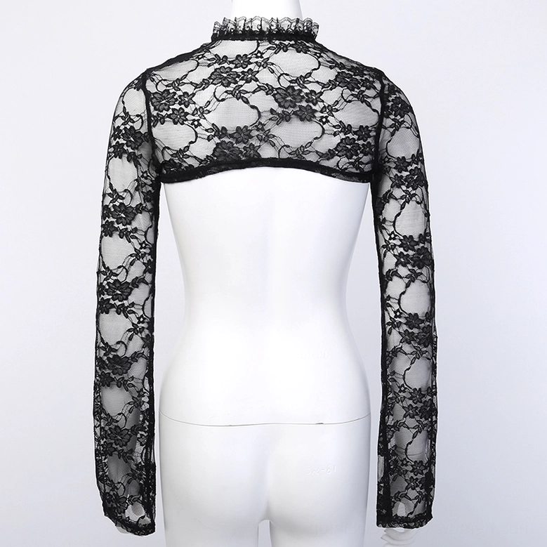 Black sheer gothic lace crop top open back silhouette on mannequin, rear view showcasing floral lace texture