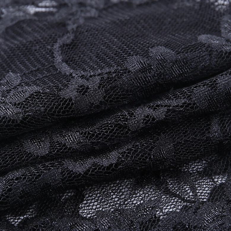 Black sheer lace gothic crop top overall styling and drape demonstration on model wearing alternative fashion