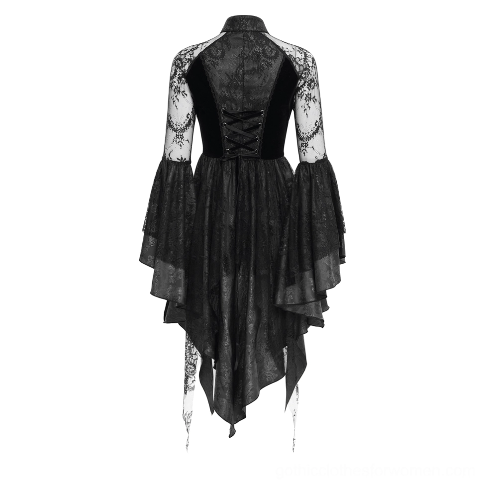Back view of gothic black lace dress displaying lace-up corset construction and sheer lace shoulder panels
