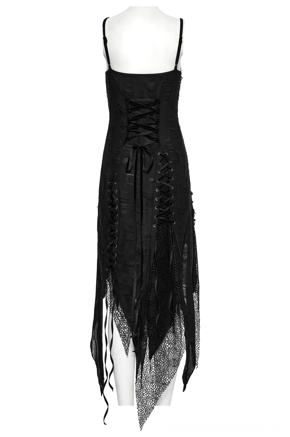 Black gothic lace slip dress back view on mannequin showing corset lace-up construction