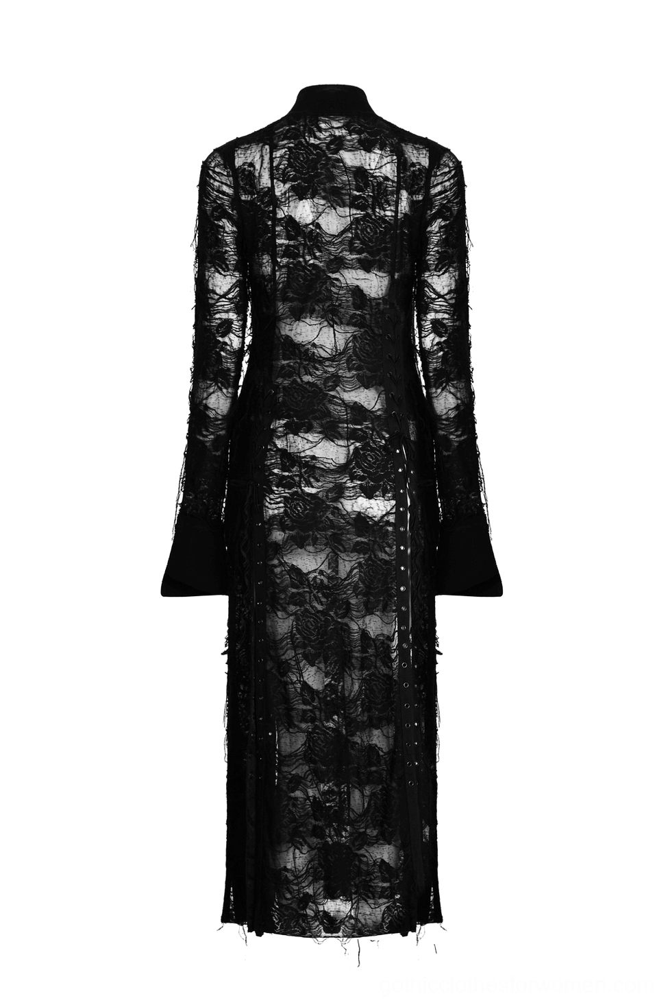 Back flat view of black gothic sheer lace dress displaying solid side panels and transparent lace body construction