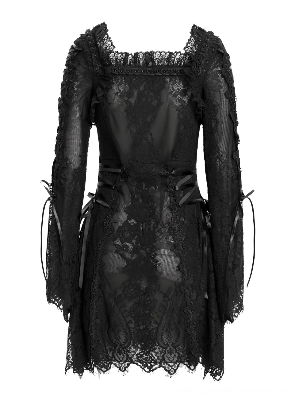 Back flat lay of black gothic lace mini dress with sheer overlay and square back neckline