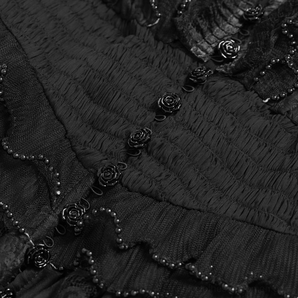 Black gothic lace mesh dress rear full-body view showing lace-up back, tiered ruffles, and sheer overlay construction